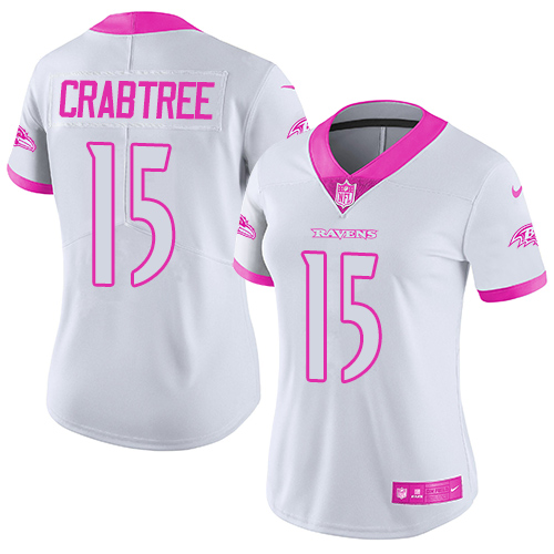 Nike Ravens #15 Michael Crabtree White/Pink Women's Stitched NFL Limited Rush Fashion Jersey